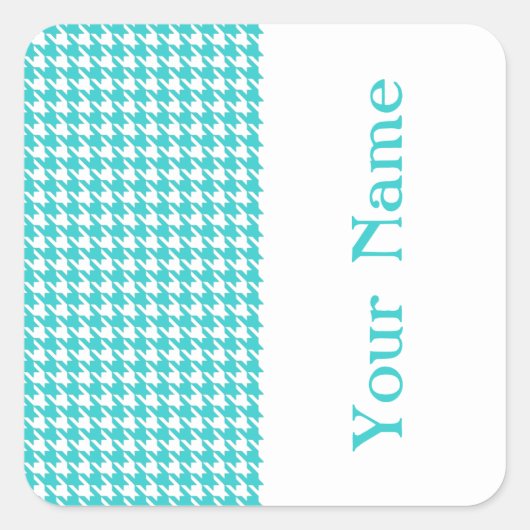 Sticker Carré Houndstooth moderne turquoise avec nom (Devant)