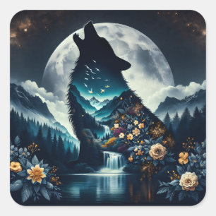 Sticker Carré Howling Wolf Pleine lune Ai Art