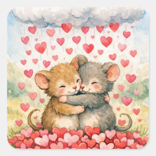 Sticker Carré Hugging Mice Under a Cloud of Hearts (Devant)