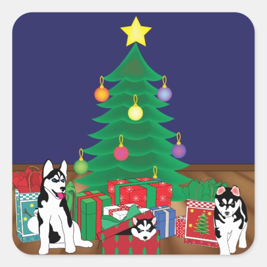 Sticker Carré Huskies Jouer sous la carte d'arbre de Noël (Devant)
