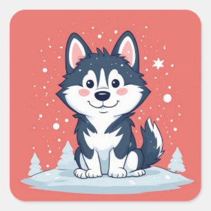 Sticker Carré Husky de dessin animé assis dans la neige de Noël