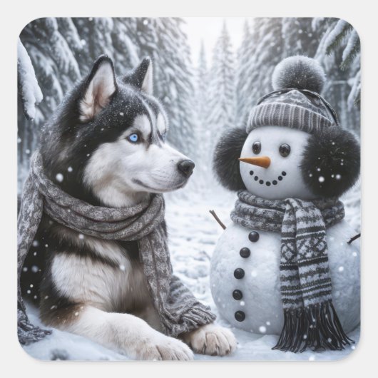 Sticker Carré Husky et Snowman dans les bois d'hiver (Devant)