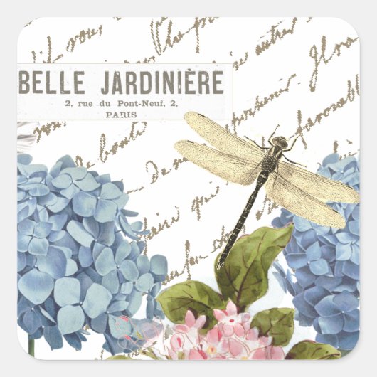 Sticker Carré Hydrangeas Dragonfly Jardin à scripts français (Devant)
