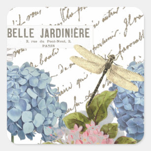 Sticker Carré Hydrangeas Dragonfly Jardin à scripts français