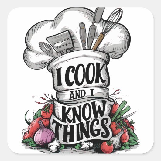 Sticker Carré I Cook et I Know Things drôle cuisine (Devant)