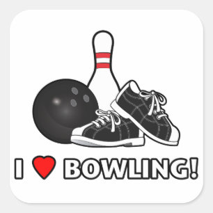 Sticker Carré I Love Bowling with Ball, Chaussures and Pin