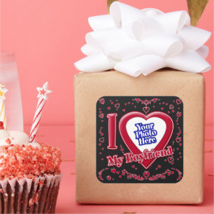 Sticker Carré I Love My Boyfriend Photo Red Hearts Black