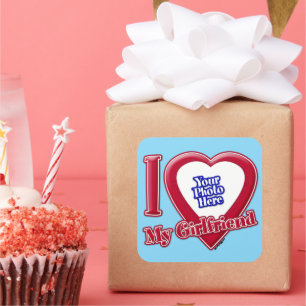 Sticker Carré I Love My Girlfriend Photo Coeur Rouge Turquoise