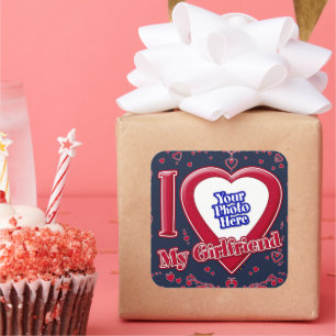 Sticker Carré I Love My Girlfriend Photo Coeurs rouges Marine