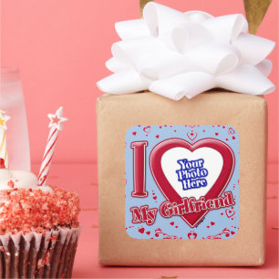 Sticker Carré I Love My Girlfriend Photo Red Hearts Baby Blue