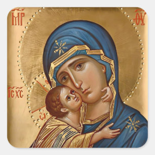 Sticker Carré Icône de la Theotokos et de l'Enfant Jésus en Bleu