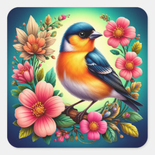 Sticker Carré Idée cadeau joli oiseau et fleurs