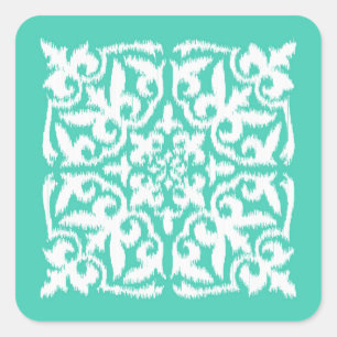 Sticker Carré Ikat damask motif - paon bleu et blanc