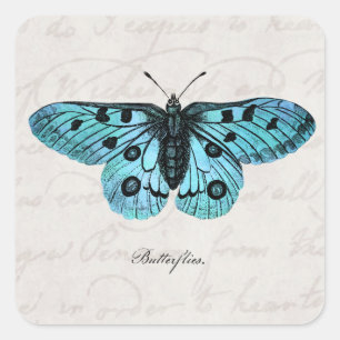 Sticker Carré Illustration bleue turquoise vintage de papillon -