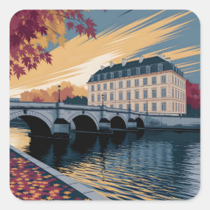 Sticker Carré Illustration d'art de ville européenne au bord de