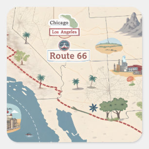 Sticker Carré Illustration de carte de voyage vintage Route 66