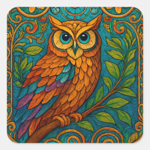 Sticker Carré Illustration de chouette d'art folklorique mystiqu