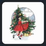 Sticker Carré Illustration de Christmas Girl Vintage<br><div class="desc">girl child kid christmas,  x-ses branches birthday consolive,  watercolour fun baby young,  joy fashion retro,  little cartoon gift ,  watercolor merry cold,  snow cut celmas,  tree celebration holiday , </div>