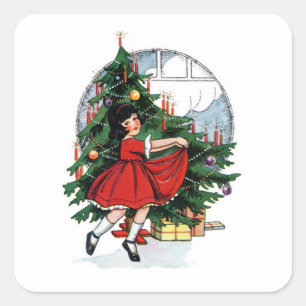 Sticker Carré Illustration de Christmas Girl Vintage