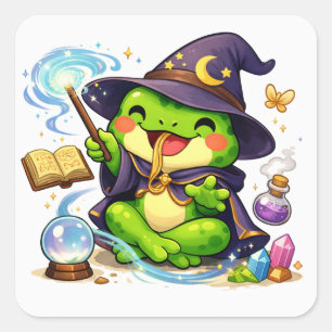 Sticker Carré Illustration de grenouille sorcière fantaisie