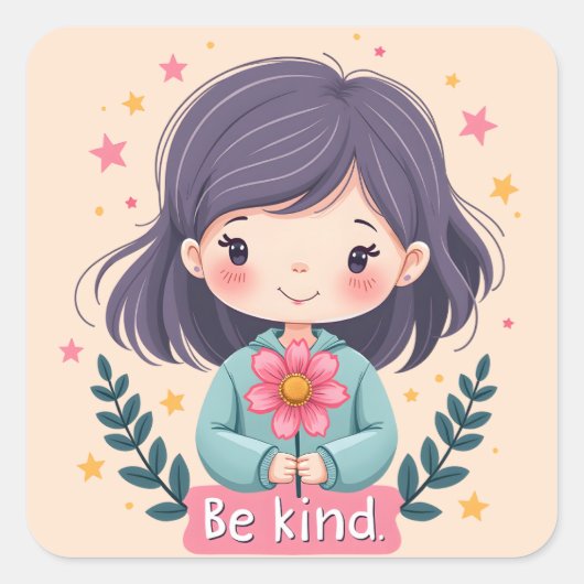 Sticker Carré Illustration de Kawaii "Be Kind" - Art Intéressant (Devant)