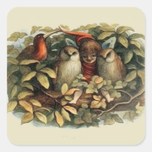 Sticker Carré Illustration de la nature des hiboux et des fées e