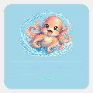 Sticker Carré Illustration de la vie marine kawaii de la pieuvre