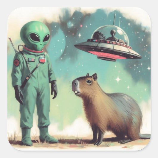 Sticker Carré Illustration de l'Alien spatial et de Capybara Ret (Devant)