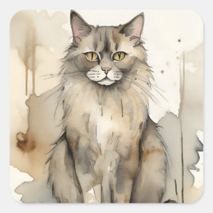Sticker Carré Illustration de l'aquarelle du Maine Coon