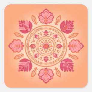 Sticker Carré Illustration de mandala floral sur fond pêche