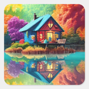 Sticker Carré Illustration du paysage naturel avec le chalet du