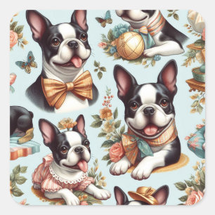 Sticker Carré Illustration du Terrier Vintage de Boston
