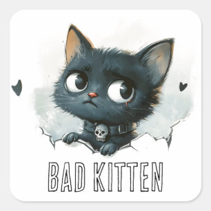 Sticker Carré Illustration Edgy Kitten - Texte "Bad Kitten"