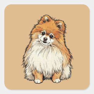 Sticker Carré Illustration en demi-teinte de chien Poméranie de