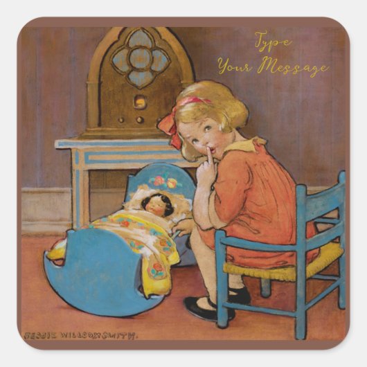 Sticker Carré Illustration Enfant bébé Art Vintage | (Devant)