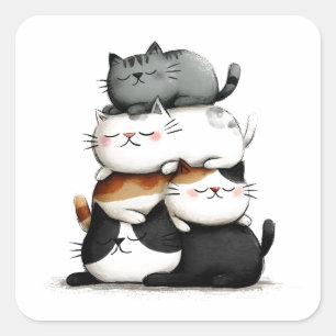 Sticker Carré Illustration lunaire d'une pile de chats adorables