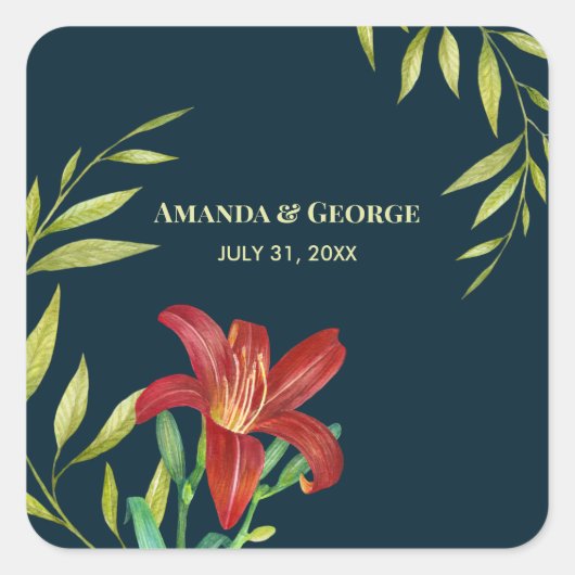 Sticker Carré Illustration mariage orange Lily Turquoise foncé (Devant)
