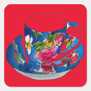 Sticker Carré illustration originale de l'aquarelle Teacups vint