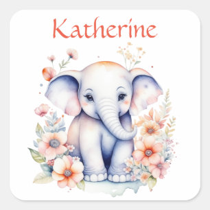 Sticker Carré Illustration personnalisée d'un bébé éléphant