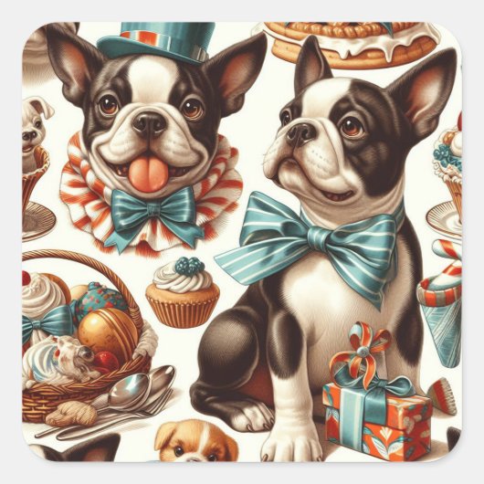 Sticker Carré Illustration Retro Cute Boston Terrier (Devant)