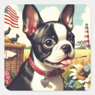Sticker Carré Illustration vintage Boston Terrier