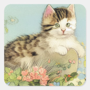 Sticker Carré Illustration vintage de chat avec fleurs roses