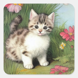 Sticker Carré Illustration vintage de chat avec Fleurs rouges