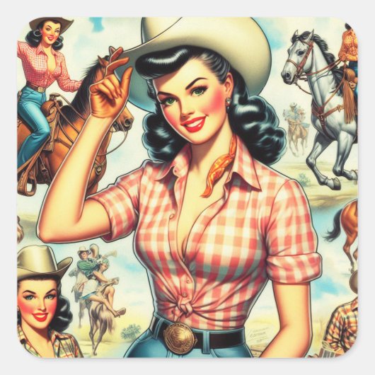 Sticker Carré Illustration vintage de Cowgirl sans joint (Devant)