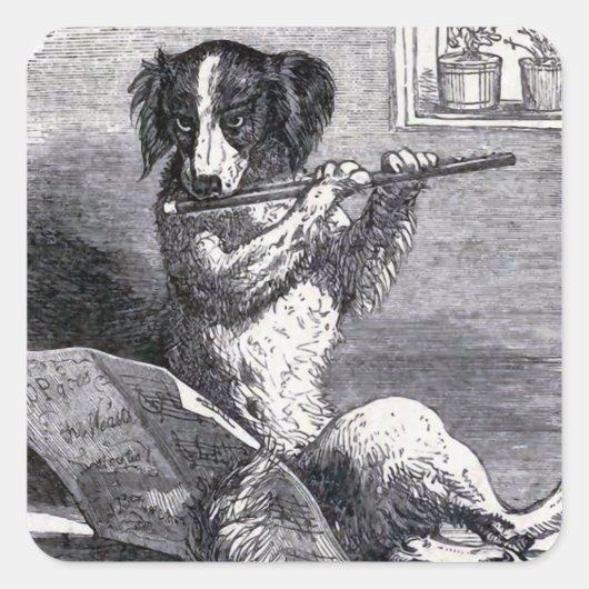Sticker Carré Illustration Vintage "Dog Playing the Flute" (Devant)