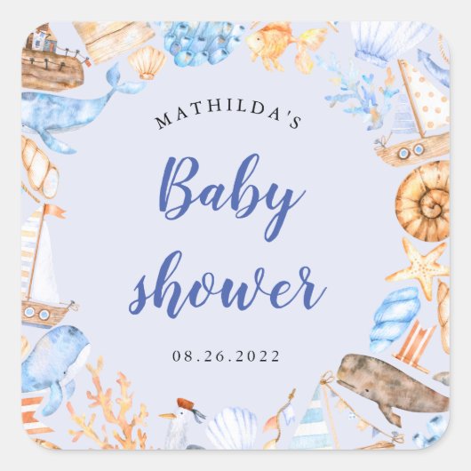 Sticker Carré illustrations de plage nautique baby shower carré (Devant)