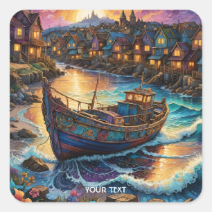 Sticker Carré Imaginaire Cute Boat Village Sunset