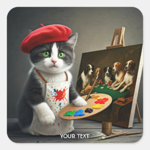Sticker Carré Imaginaire Cute Cat Beret Peinture