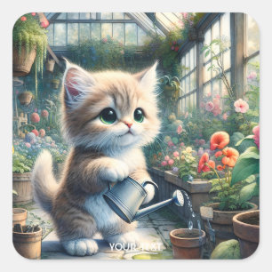Sticker Carré Imaginaire Cute Chat Jardin Fleurs