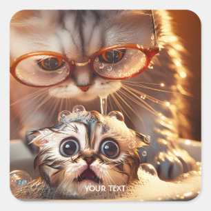 Sticker Carré Imaginaire Cute Chat Laver Kitten